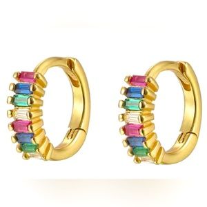 14k Rainbow Emerald Cut Zirconia Small Huggies Earrings